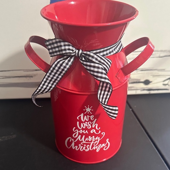 Source Unknown Other - Christmas red milk jug with ribbon 7.5” length and 4” opening